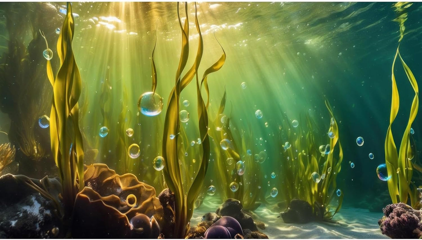 Aquarium Background Underwater Beautiful Coral Reef with Seaweed Bubbles Terrarium Backdrop Aquatic Plants Sunlight Rays Fish Tank Background Tank Aquarium Wallpaper Poster Decor Vinyl 60x24in