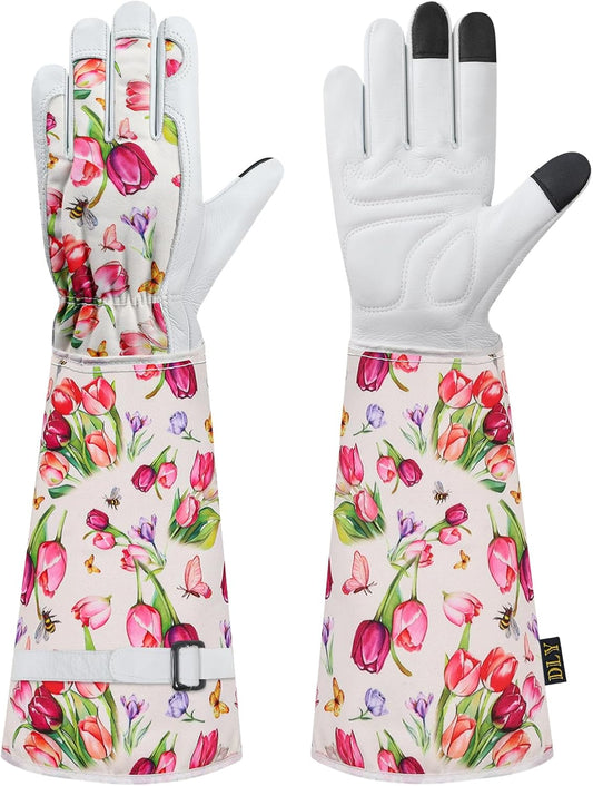 DLY Gardening Gloves for Women, Rose Gloves Gardening Thorn Proof, Long Garden Gloves for Women, Breathable Cowhide Leather Gauntlet(Small,White)