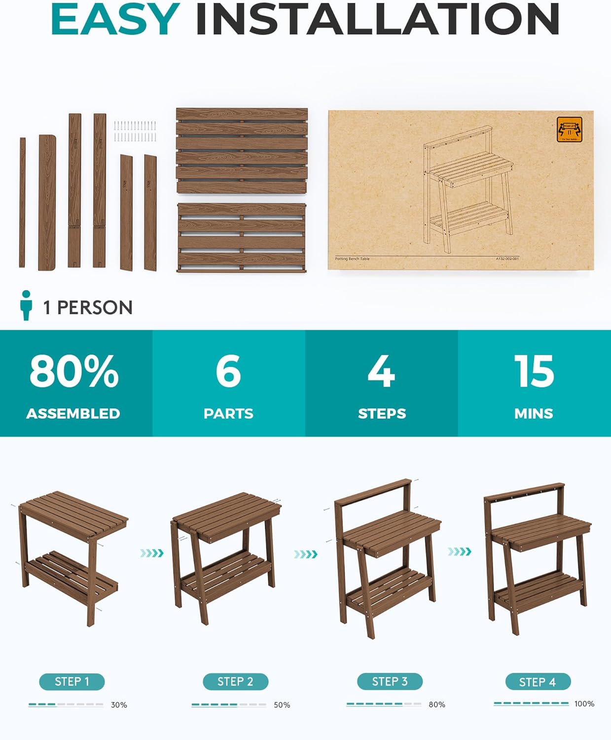 SERWALL Potting Bench Outdoor with Storage Set of 2, 3-Tier HDPE Gardening Table with Angled Legs & Tool Hooks, All-Weather Heavy Duty Potting Table for Patio, Backyard, Garden, Brown