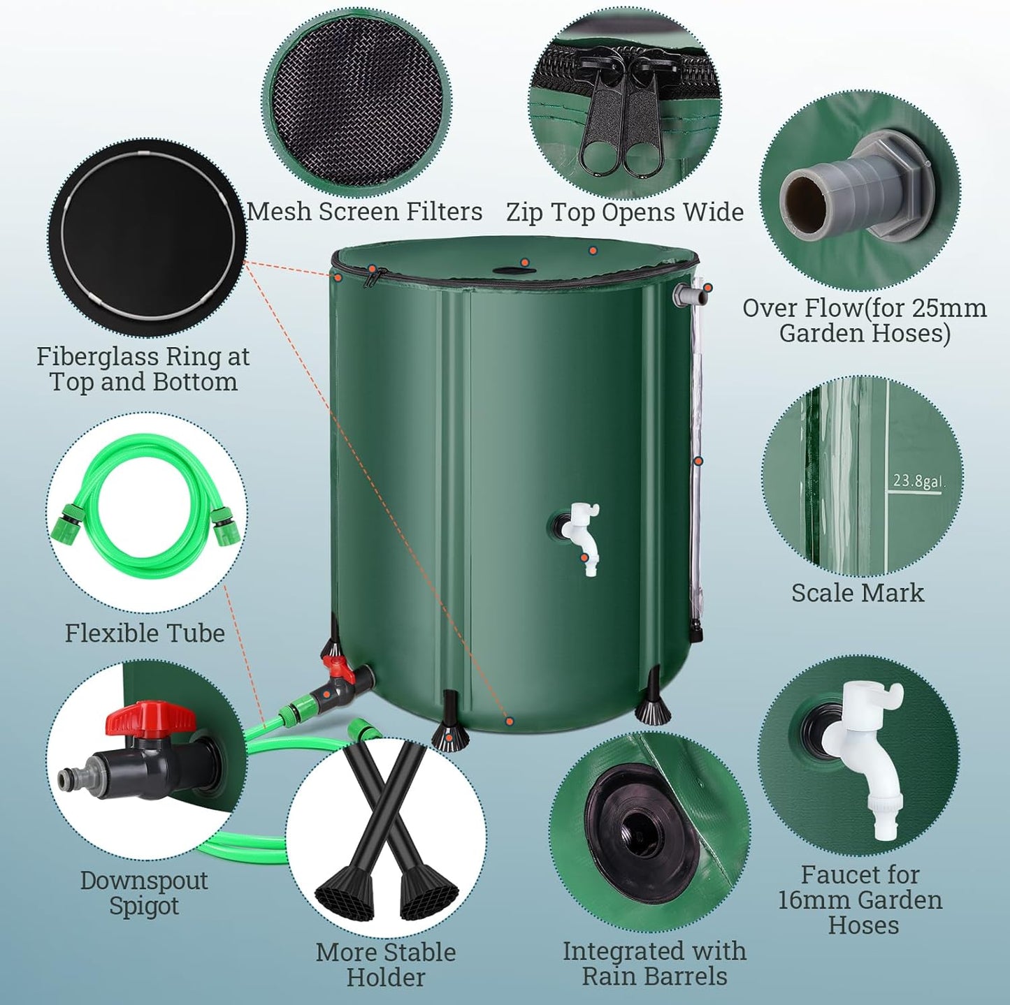 53 Gallon Collapsible Rain Barrel, SKM Portable Rain Water Collection Barrel for Garden/Outside/Lawn, PVC Rainwater Collection System Water Tank Storage Container with Spigots & Overflow Kit, Green