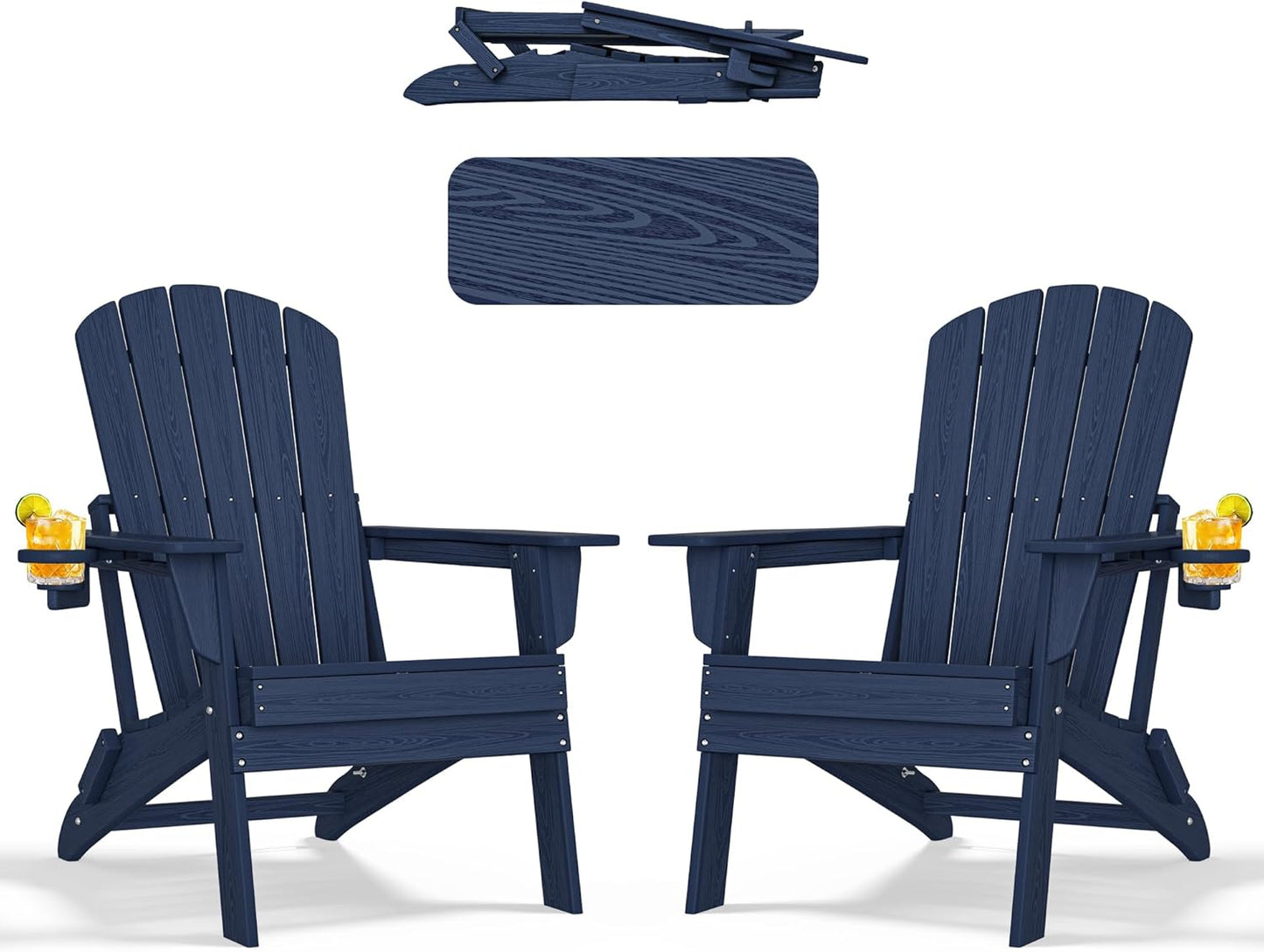 Folding Adirondack Chair - Extended Ergonomic Backrest, Cup Holder - Easy Assembly - Durable HDPE Plastic, Weather Resistant & Maintenance-Free - Lawn, Patio, Deck Supports 380lbs NavyBlue