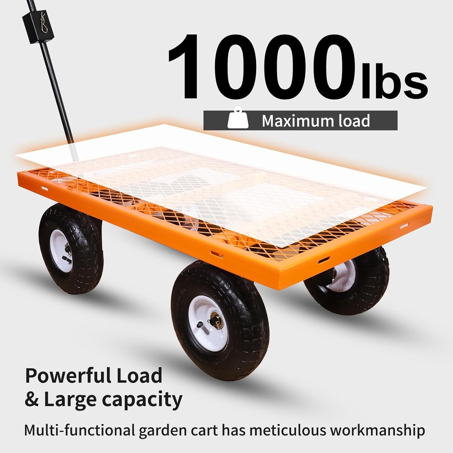 AAIN 1000 lbs Metal Garden Cart, Heavy Duty Garden Wagon with Removable Steel Mesh Sides, Utility Yard Carts with 180° Rotating Handle with 10 inch Wheels, 4cu.ft Load Capacity Outdoor Wagons