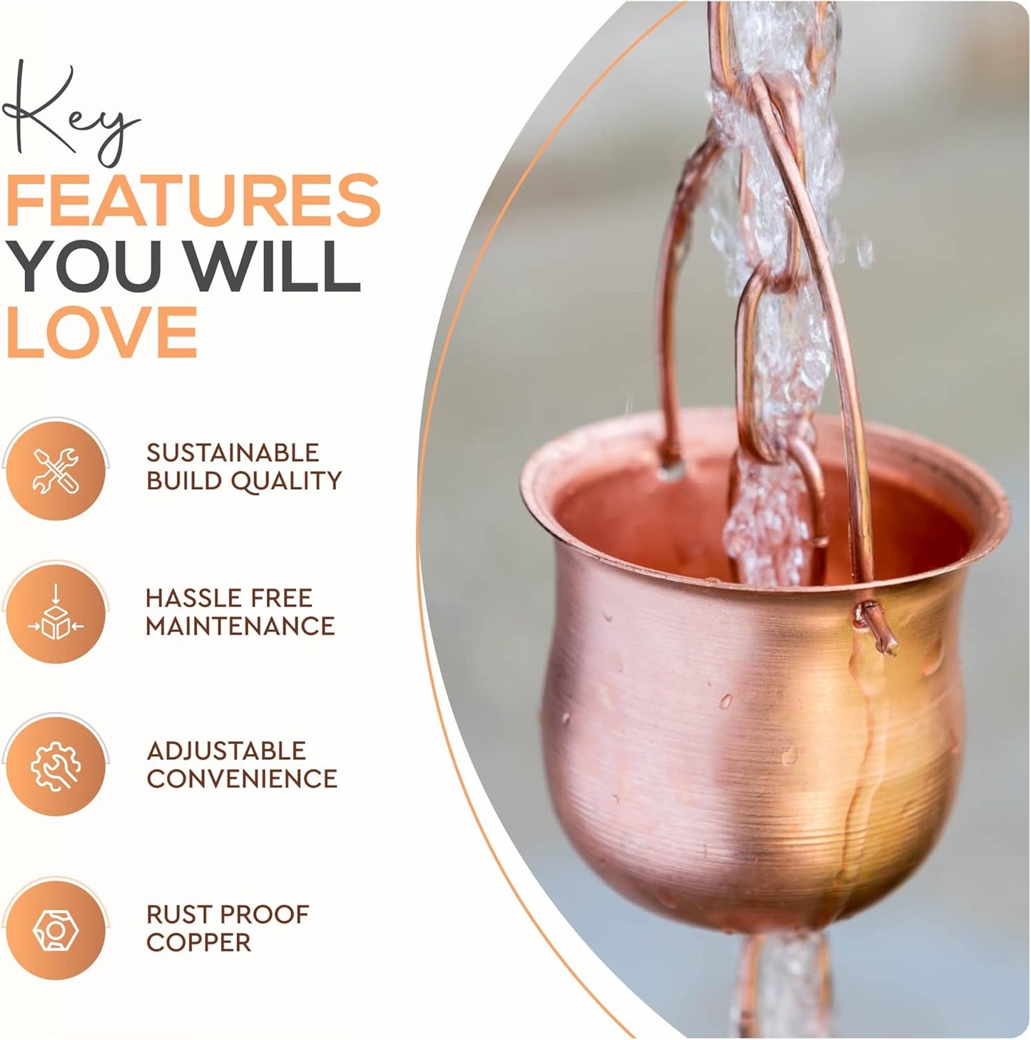 Copper Rain Chain – Decorative Chimes & Cups Replace Gutter Downspout & Divert Water Away from Home for Stunning Fountain Display – 3’ Long for Universal Fit – Pot Style…