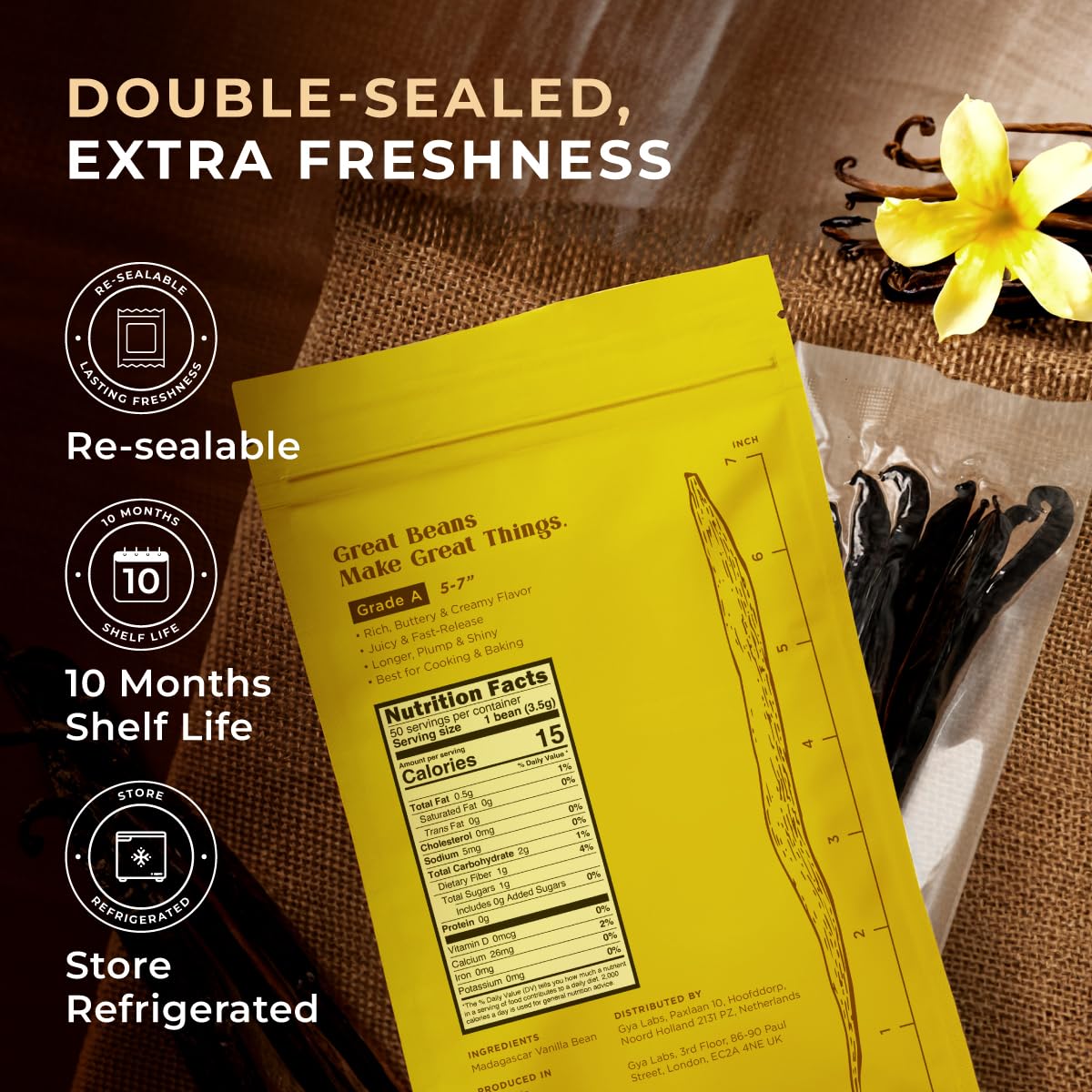 Gya Labs 50 Madagascar Vanilla Beans for Making Vanilla Extract, Baking - Grade A - 5-7 Inches (12 to 15 CM) long, Caviar Rich, Flavorful Fresh Pods