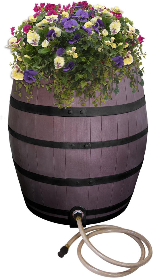 Rescue 50-Gallon Whiskey Rain Barrel with Black Bands – Includes Planter, Rain Water Diverter, Outlet Hose – Flatback Design – Brown