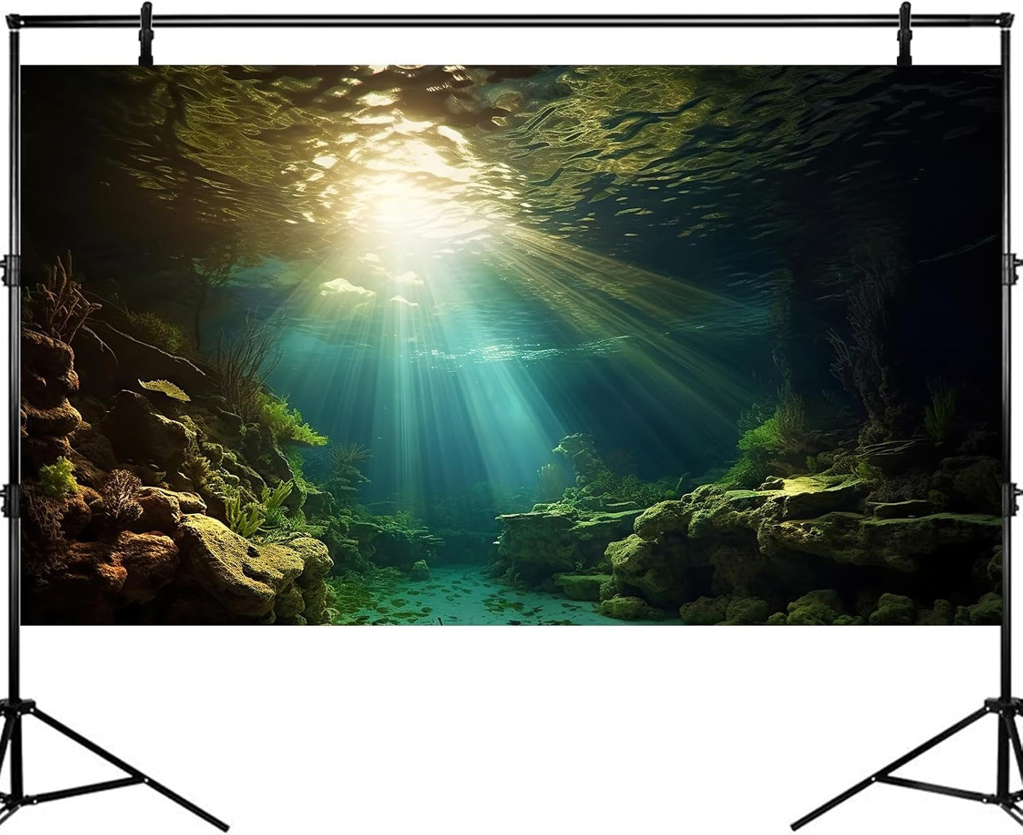 Fish Tank Background Under The Sea Aquarium Background Ocean Floor Sunray Rock Terrarium Backgrounds Coral Reef Aquatic Plants Underwater Cave Aquarium Wallpaper for Fish Tank Decorations 48x20in