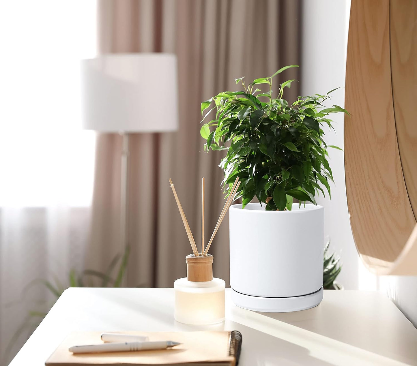 D'vine Dev 6 Inch & 8 Inch Ceramic Planter Pots for Plants with Drainage Hole and Saucer, Medium Plant Pots Set, White, 94-G-M-1