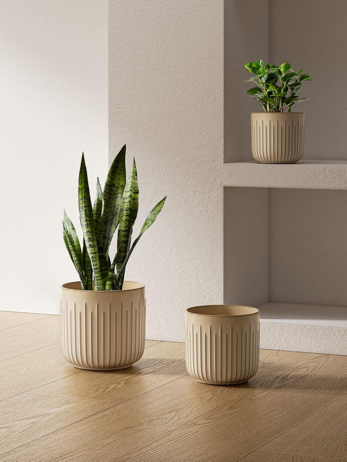 LE TAUCI Fluted Ceramic Planters Set of 3 – 8.3/7 / 5.7 in Cloud Cream Reactive Cylinder Indoor Plant Pots with Drainage Plug & Mesh, Glossy Stoneware Flower Pots for Succulents Herbs