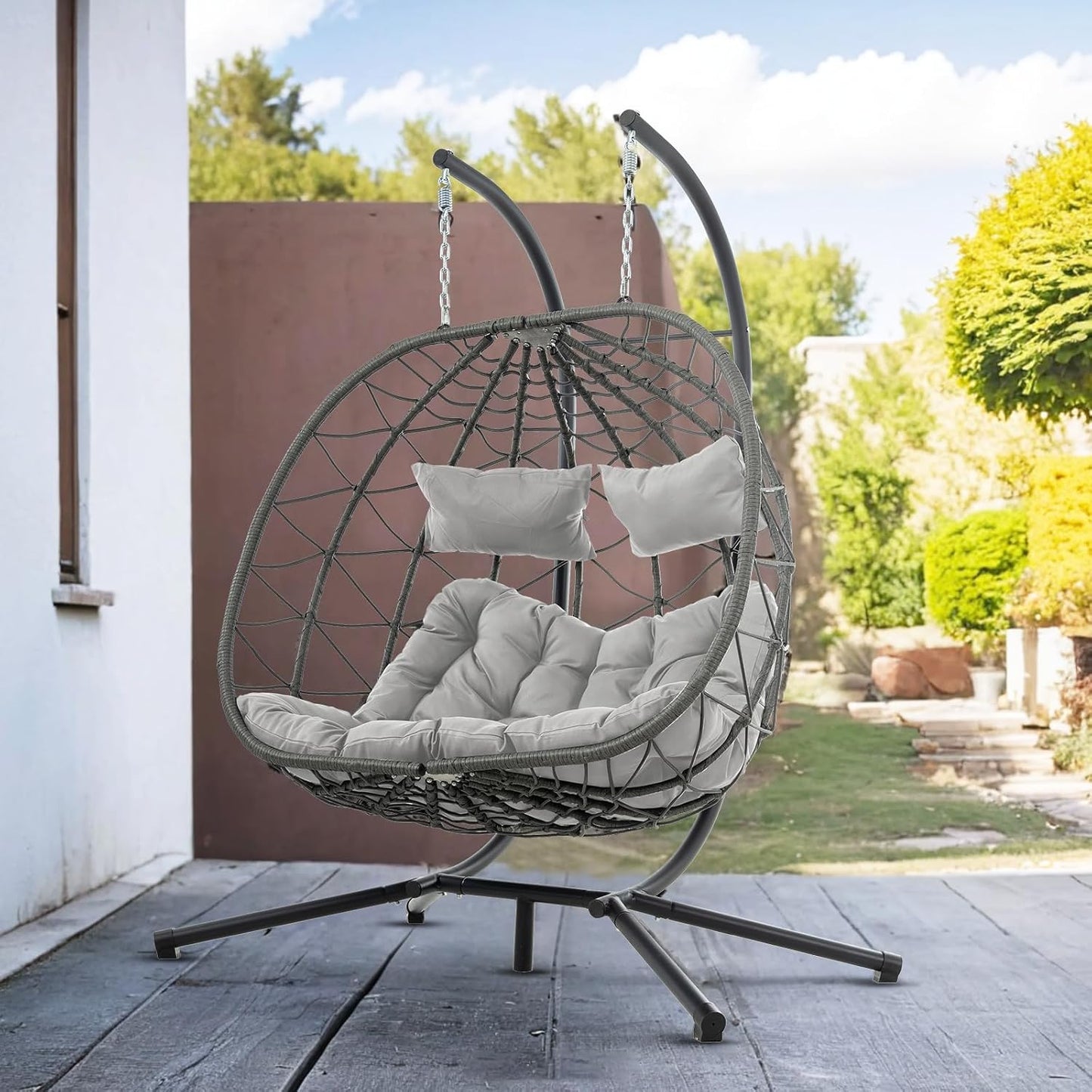 2 Person Double Egg Swing Chair with Stand Indoor Outdoor, Hammock Egg Chair Outdoor, Patio Wicker Hanging Egg Chair w/Cushion 700LBS Capacity for Bedroom, Balcony, Garden, Grey