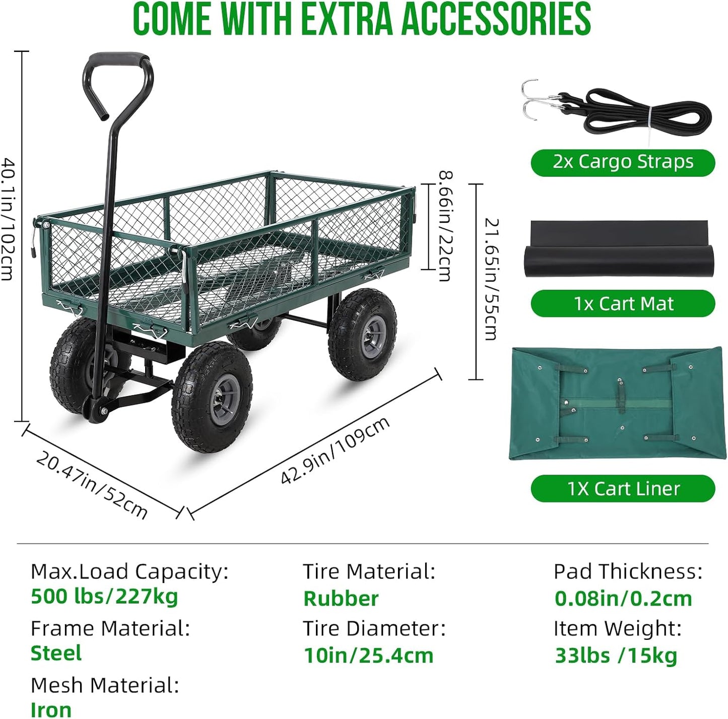 Heavy Duty Steel Garden Cart Folding Utility Wagon with Removable Cart Liner, 500 Lbs Capacity