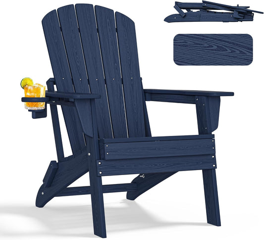 Folding Adirondack Chair - Extended Ergonomic Backrest, Cup Holder - Easy Assembly - Durable HDPE Plastic, Weather Resistant & Maintenance-Free - Lawn, Patio, Deck Supports 380lbs NavyBlue