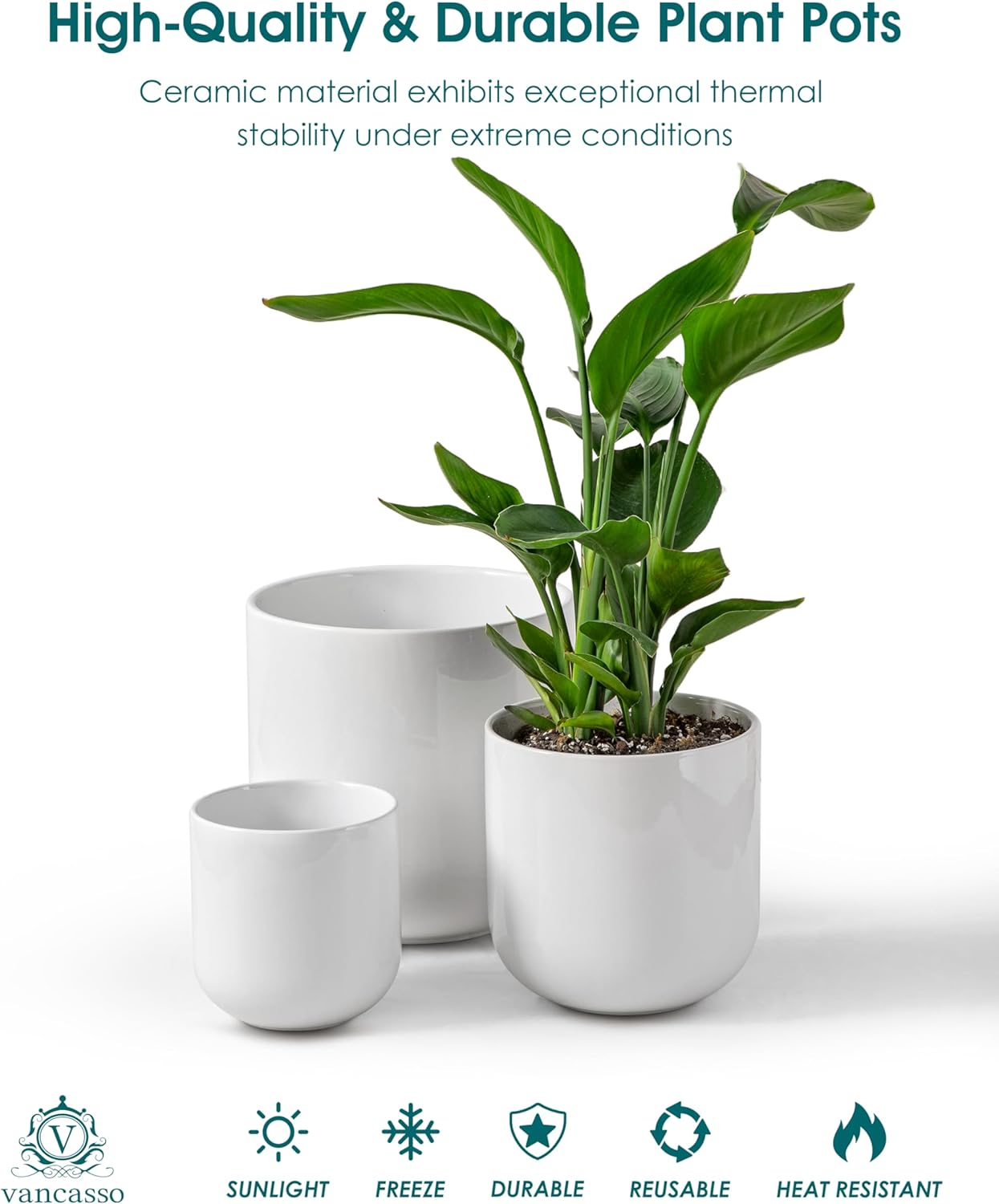 vancasso 6+8+10 inches Ceramic Plant Pots, Set of 3, Planters with Drainage Hole, Flower Pots Planters Pots for Indoor Plants, Modern Indoor Decorative Garden Pot, Home Decor, White