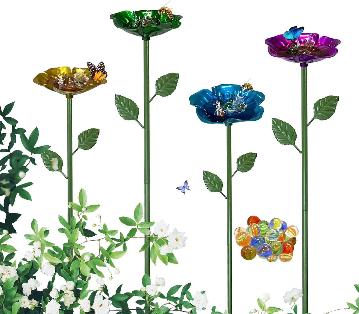 4 Packs Metal Bee Watering Station,Bee Water Feeder for Garden with 20 Marbles for Outdoor Decor,Decorative Water Feeder to Attract Pollinators(Red,Green,Blue,Yellow)