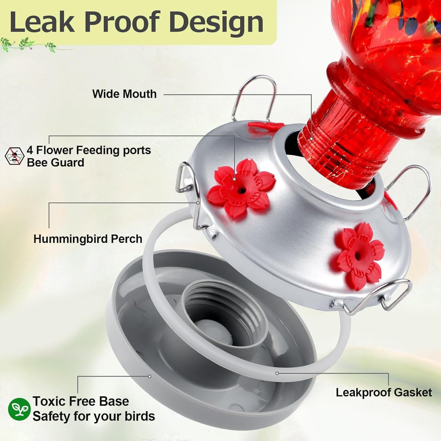 Hummingbird Feeder for Outdoors with Ant Moat, Hummingbird Feeder, Hand Blown Glass, 4 Bee Guard Feeding Ports with Perch, Outdoor Garden Décor, 16OZ, Red, Gifts for Mom Wife Dad Men Women