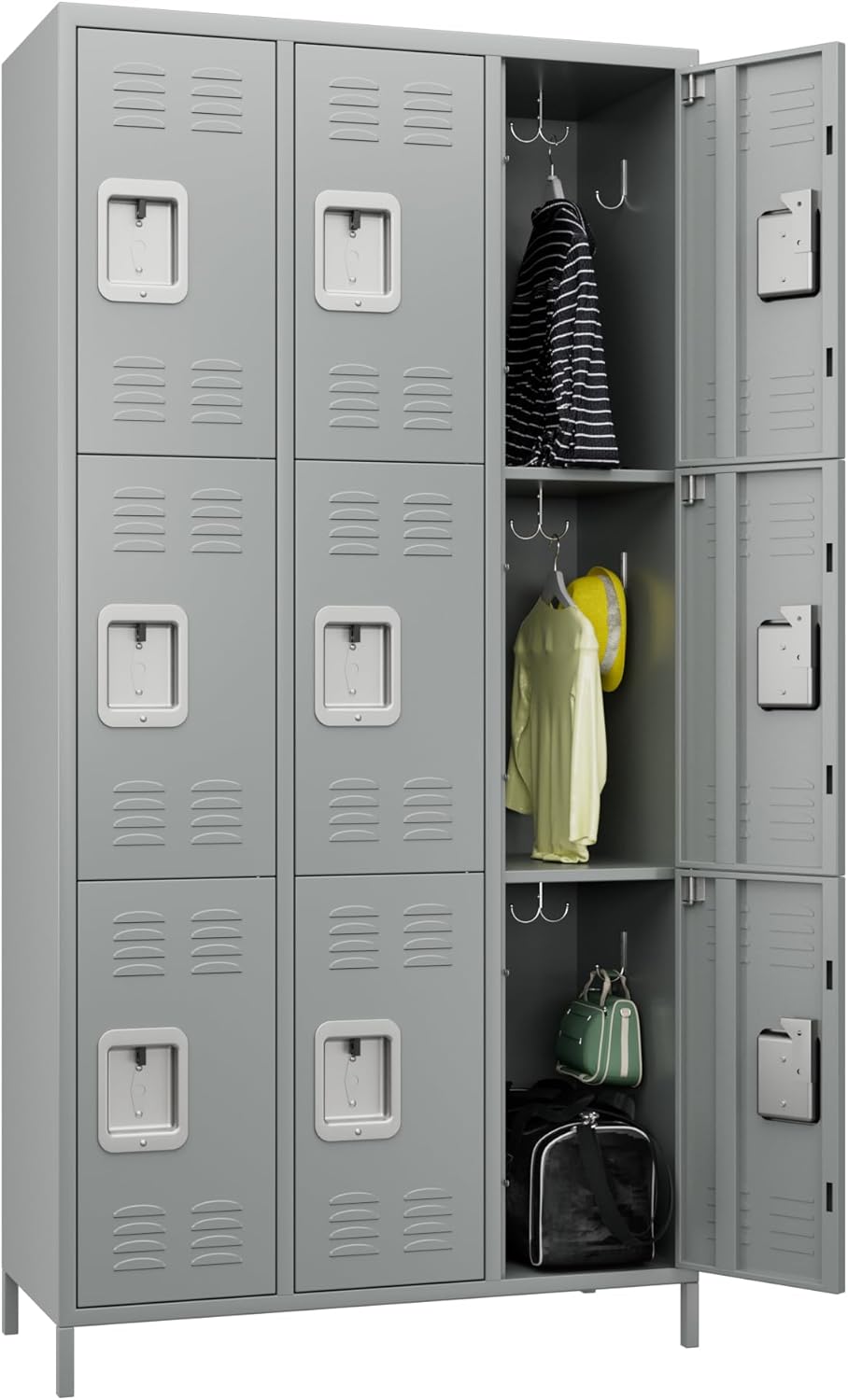 METAN Metal Storage Locker for School Office Gym Bedroom, 9 Doors Locker Cabinet for Employees, Industrial Steel Storage Locker with 18 Hooks, Assembly Required (9 Door-Light Gray)