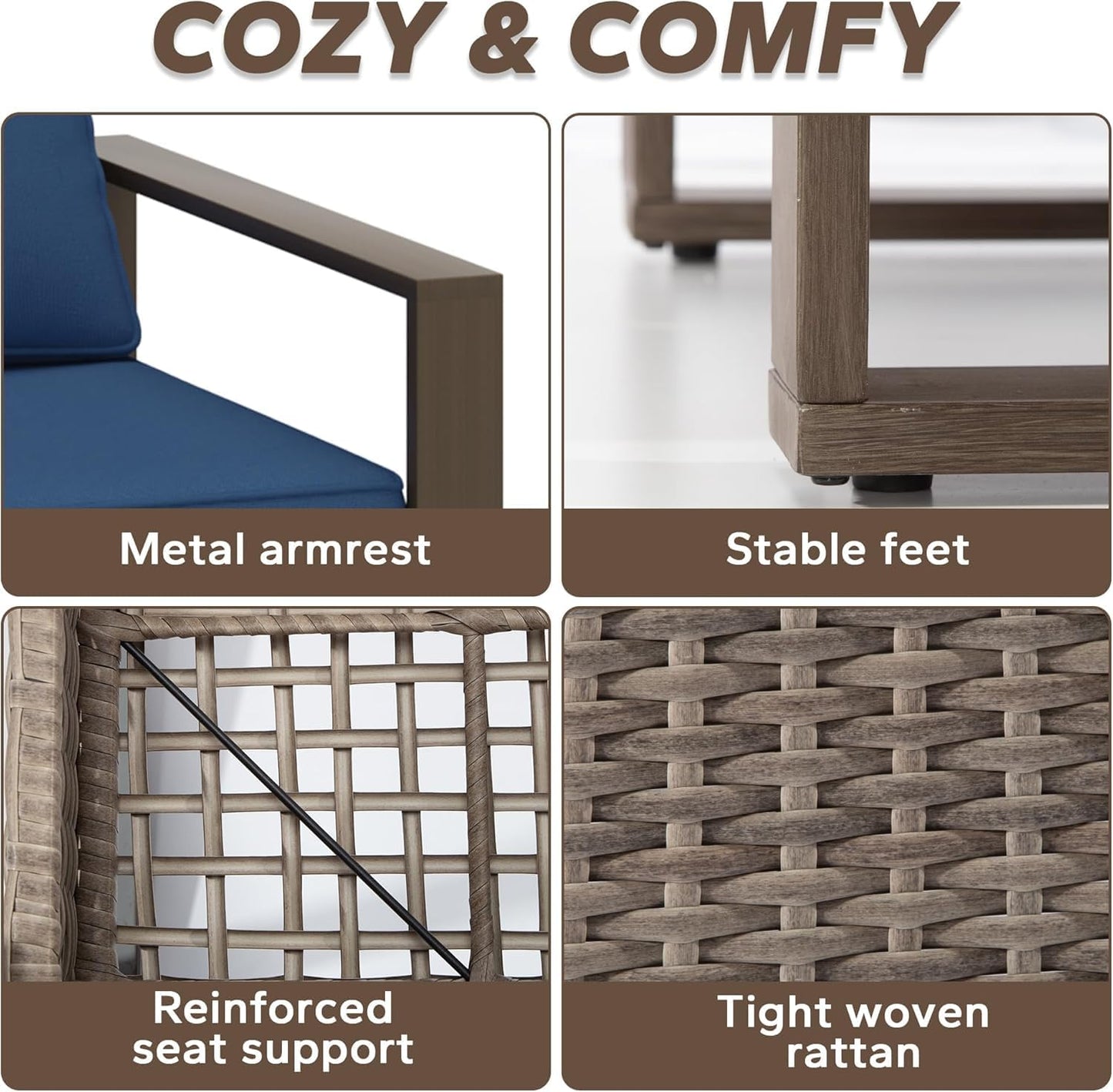 75" Patio Metal Wicker Sofa, All Weather Outdoor Rattan 3-Seat Sofa Couch with Premium Cushions & Rectangular Framed Wood-Looking Metal Armrest for Garden Backyard Porch Deck, Dark Blue