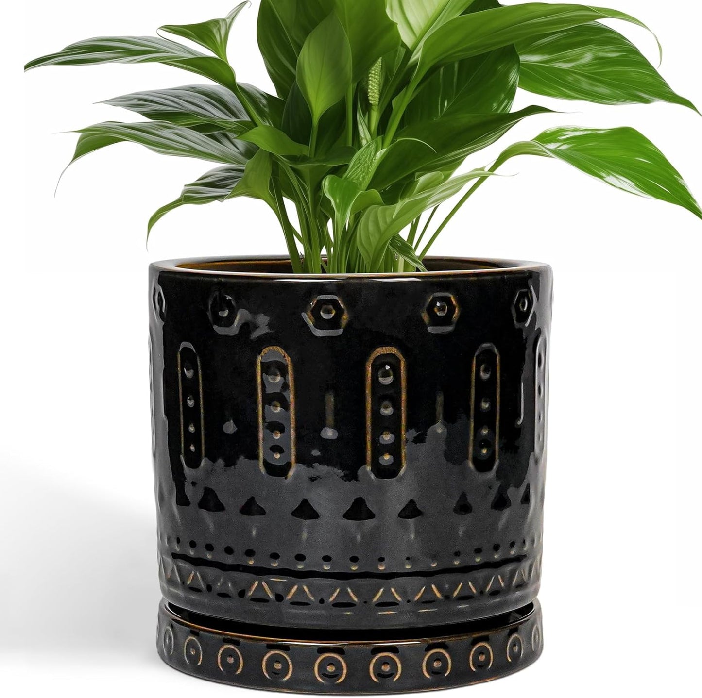 Ceramic Pot for Plants - 8 Inch Plant Pots Indoor with Drainage Hole and Saucer, Decorative Round Planter Outdoor, Boho Ceramic Planter for Flower, House Garden Decor, Gardening Gifts, Black