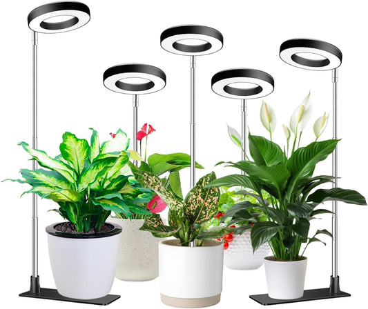 Grow Lights for Indoor Plants, Full Spectrum Plant Lights for Indoor Growing, Height Adjustable Halo Grow Light with Base, 3 Optional Spectrums, Auto Timer 3/9/12Hrs, 10 Brightness, 5 Pack