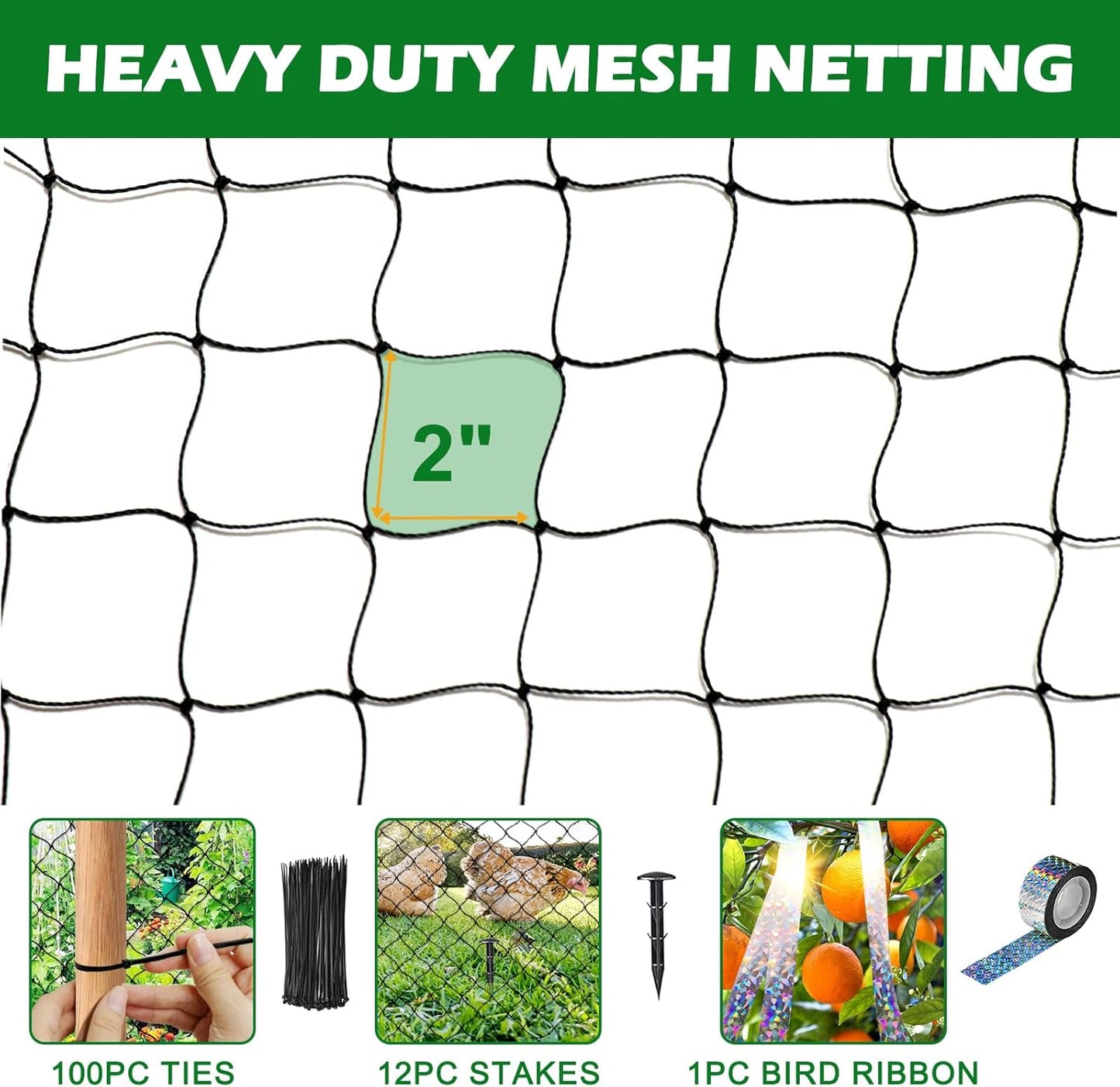 50'x50' with 2" Mesh Bird Netting for Chicken Coop with Bird Scare Tape, Hawk Nettings for Chicken Run, Heavy Duty Poultry Nettings Chicken Netting Roof Deer Net