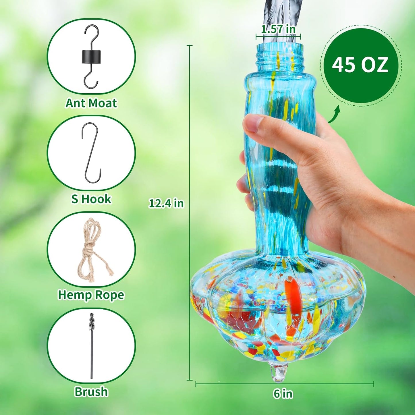 45 Ounce Large Capacity Hummingbird Feeders for Outdoors Hanging Ant and Bee Proof, Unique Hand Blown Glass Hummingbird Nectar Feeder, Gifts for Garden Decor Backyard, Blue Meteor Shower