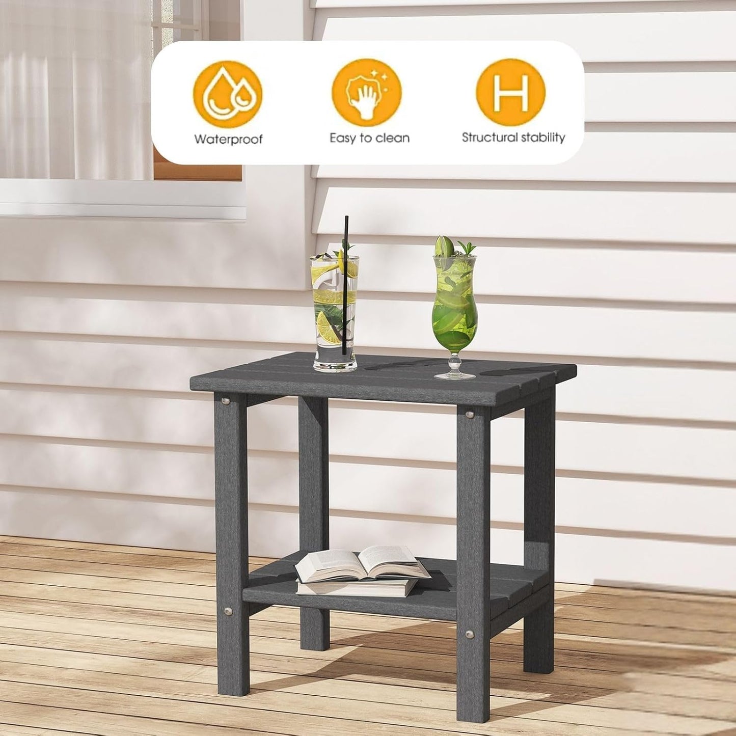 Outdoor Side Table, Weather-Resistant Patio Side Table for Backyard, Pool & Porch, Double Adirondack Durable & Stylish Patio End Table,Grey