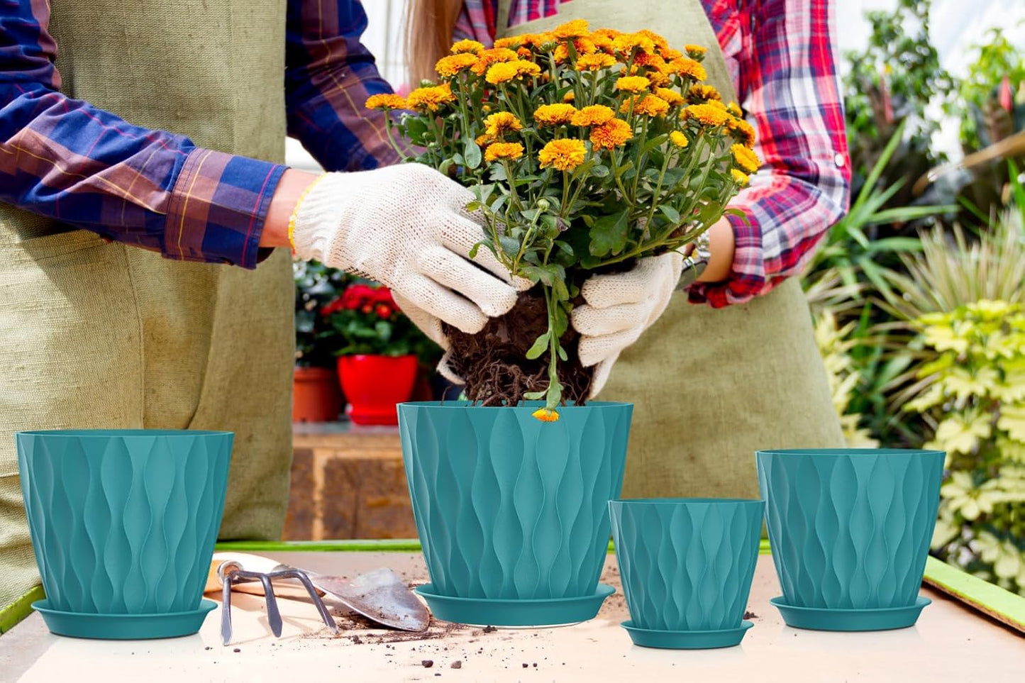 4/4.5/5/5.5/6/6.5/7 Inch Plant Pots,7 Pack Flower Pots with Drainage Holes and Trays,Plastic Planters for Indoor Outdoor Plants Growth,Green