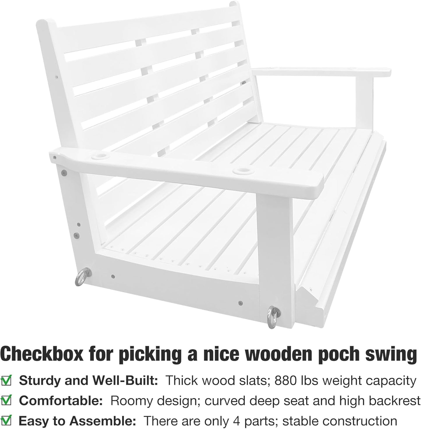 Wooden Porch Swing, Ergonomic Seat, Bench Swing with Hanging Chains and 7mm Springs, Heavy Duty 880 LBS, for Outdoor Patio Garden Yard (High Gloss White, 2-Seater Extra Large)