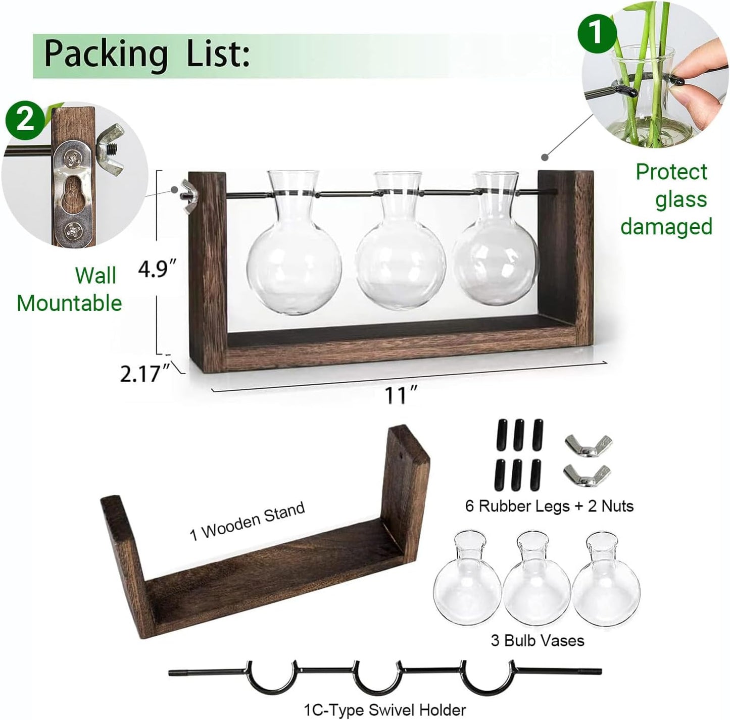 Ivolador Wall Hanging Plant Propagation Station,Bulb Plant Terrarium with Wooden Stand,Unique Gardening Gifts for Women Plant Lovers,Hydroponic Indoor Planter Home Office Decor-3 Bulb Glass Vases