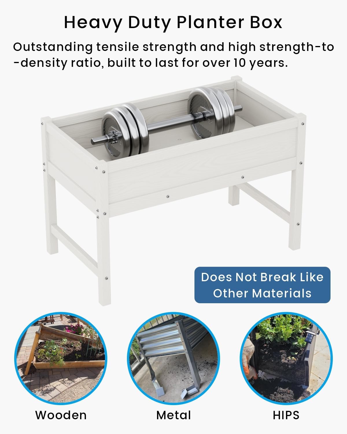 HDPE Raised Garden Bed with Legs, Outdoor Weather-Resistant Elevated Planter Box Stand for Seeds, Herbs, Flowers, Vegetables (White)