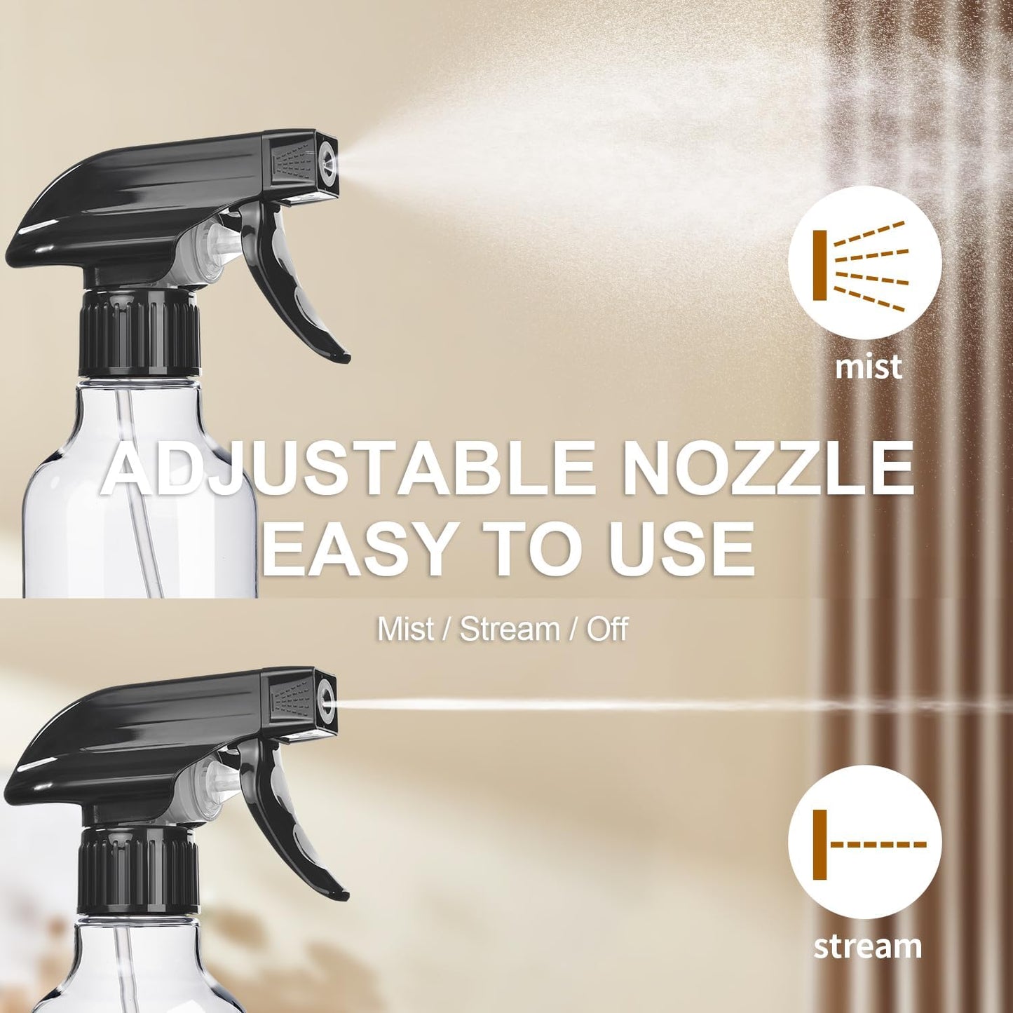 Spray Bottles 2-Pack, 10 Oz, Mist & Stream, Heavy Duty Spraying Empty Water Sprayer Bottle, BPA Free Plastic Refillable Containers for Cleaning Solutions, Plants, Hair, Essential Oils (Clear & Amber)