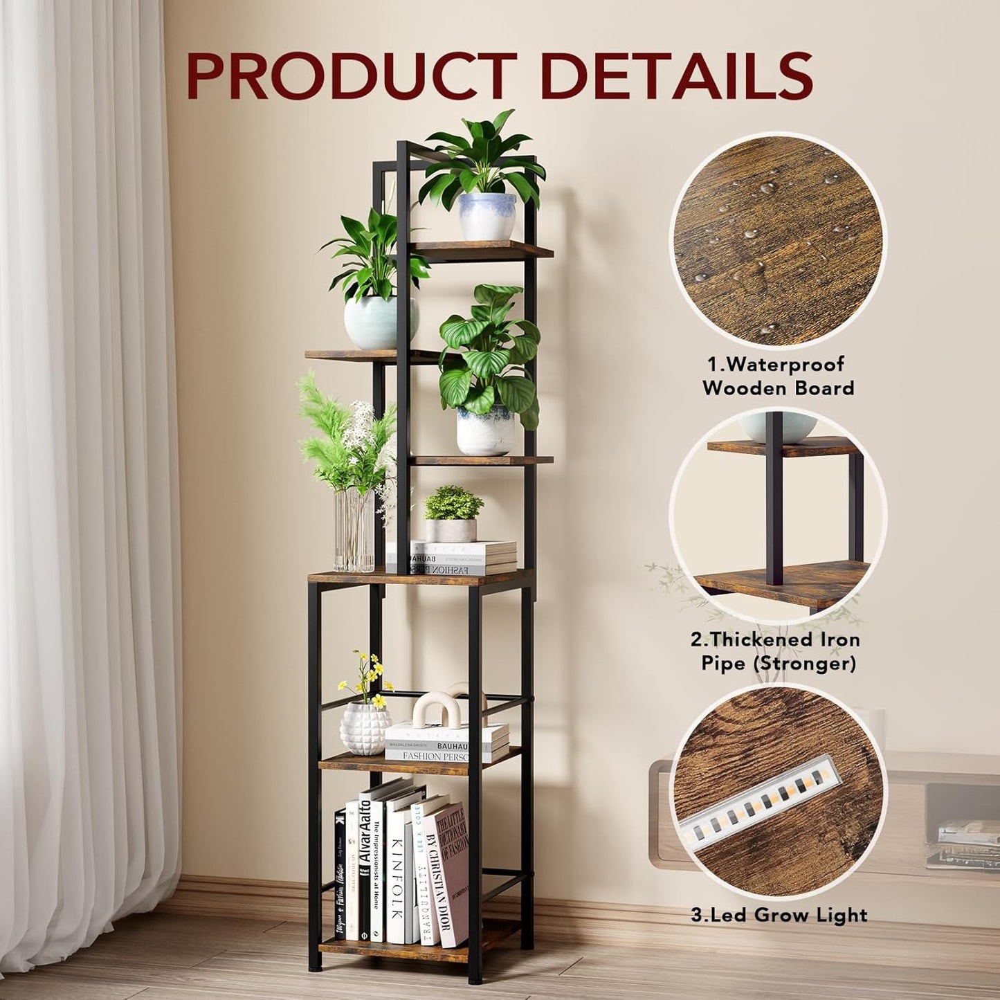 Plant Stand Indoor with Grow Light, 6-Tiered Tall Plant Stand Indoor, Metal Plant Shelf with Bookshelf Bookcase and Adjustable Light, Ideal for Living Room, Reading room, Garden, Patio (Brown)