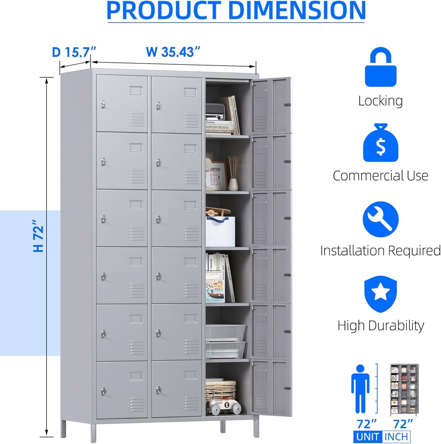 METAN Metal Locker for School Office Gym Bedroom, 18 Doors Steel Storage Locker Cabinet for Employees, Industrial Storage Locker, Assembly Required (18 Door-Grey)