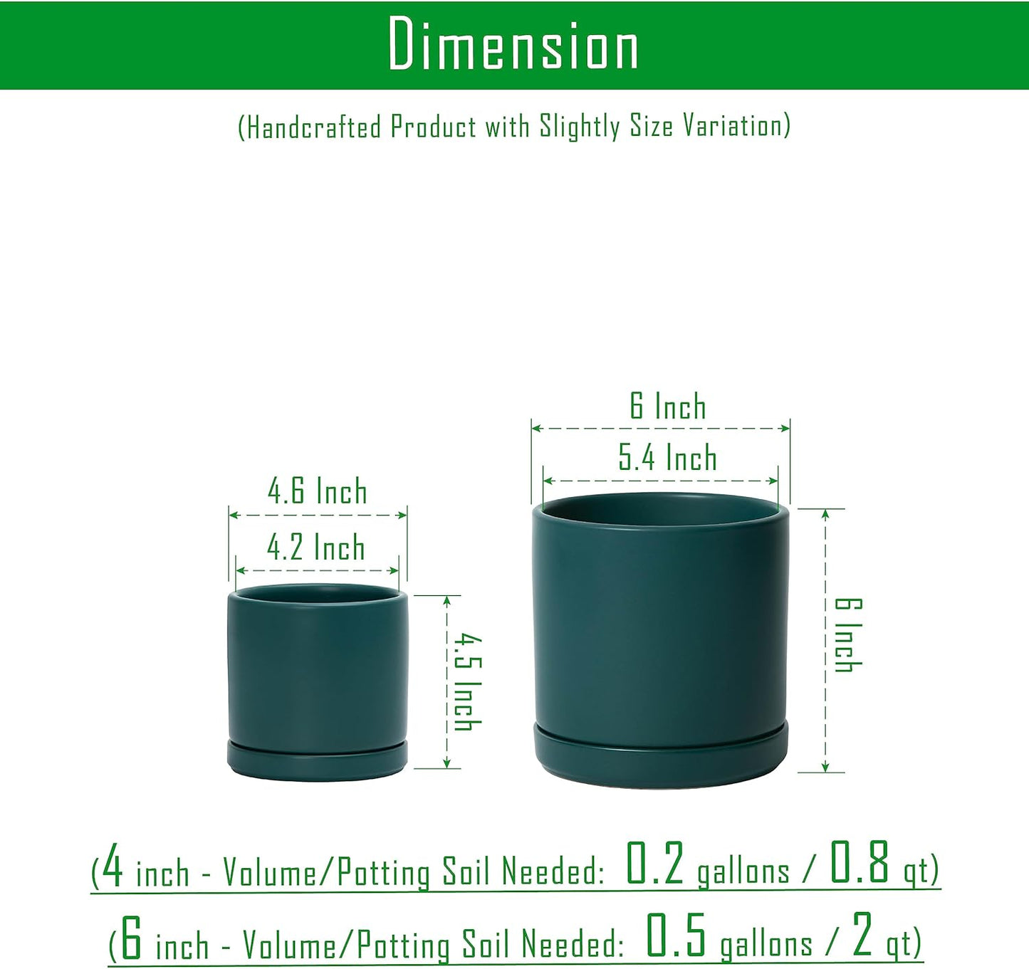 D'vine Dev 4.6 Inch & 6 Inch Ceramic Planter Pots for Plants with Drainage Hole and Saucer, Small Plant Pots Set, Teal, 94-G-S-9