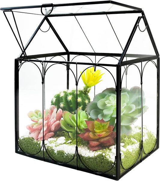 Plant Terrarium Kit, Rifny Small Glass Terrarium Jar with Absorbent Mat and Lid for Venus Fly Trap Succulent Live Air Plants Indoor Home Office Decor (Black, 7.1 x 4.8 x 8.8 inch)