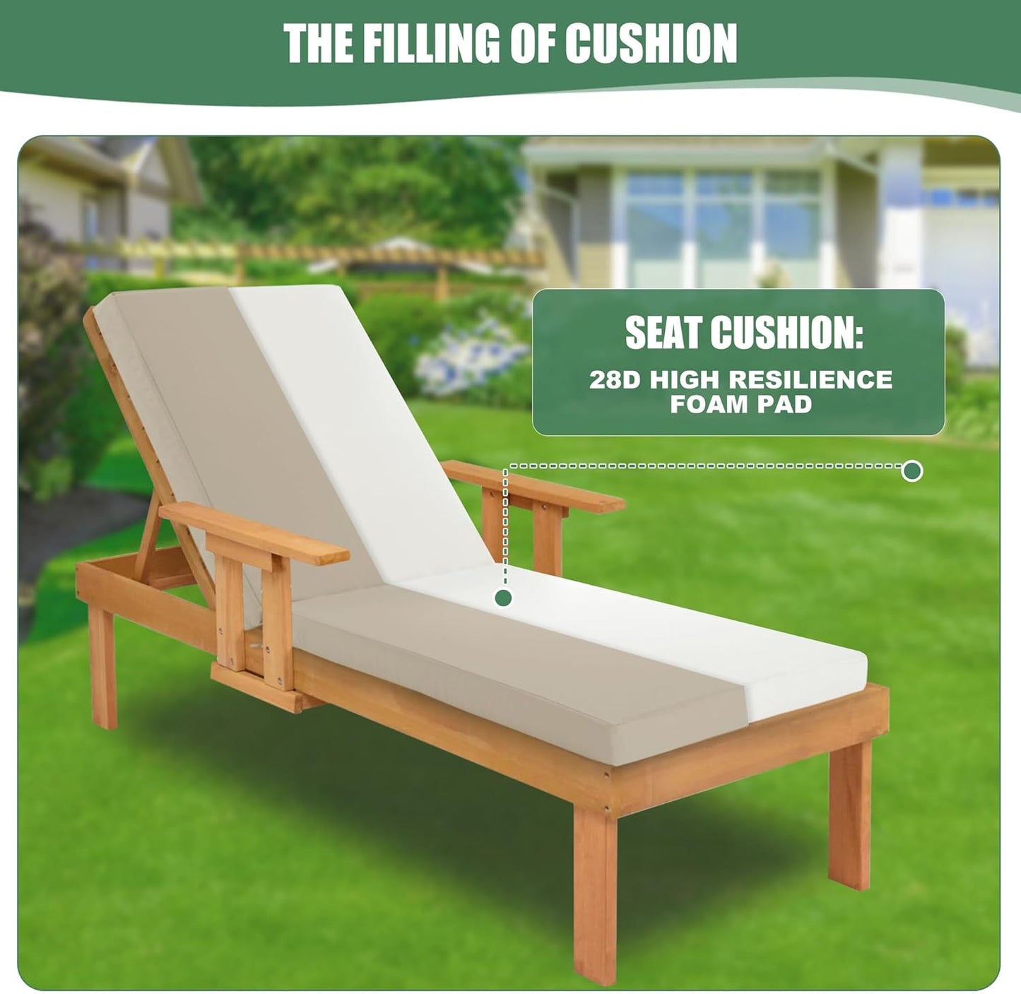 Chaise Lounge Cushions Outdoor - Waterproof and Fade Resistant Sun Lounger Replacement Cushions - Patio Lounger Pads with Removable Cover for Pool, Deck, Lawn, 80 x 26 x 3 Inch, Cream