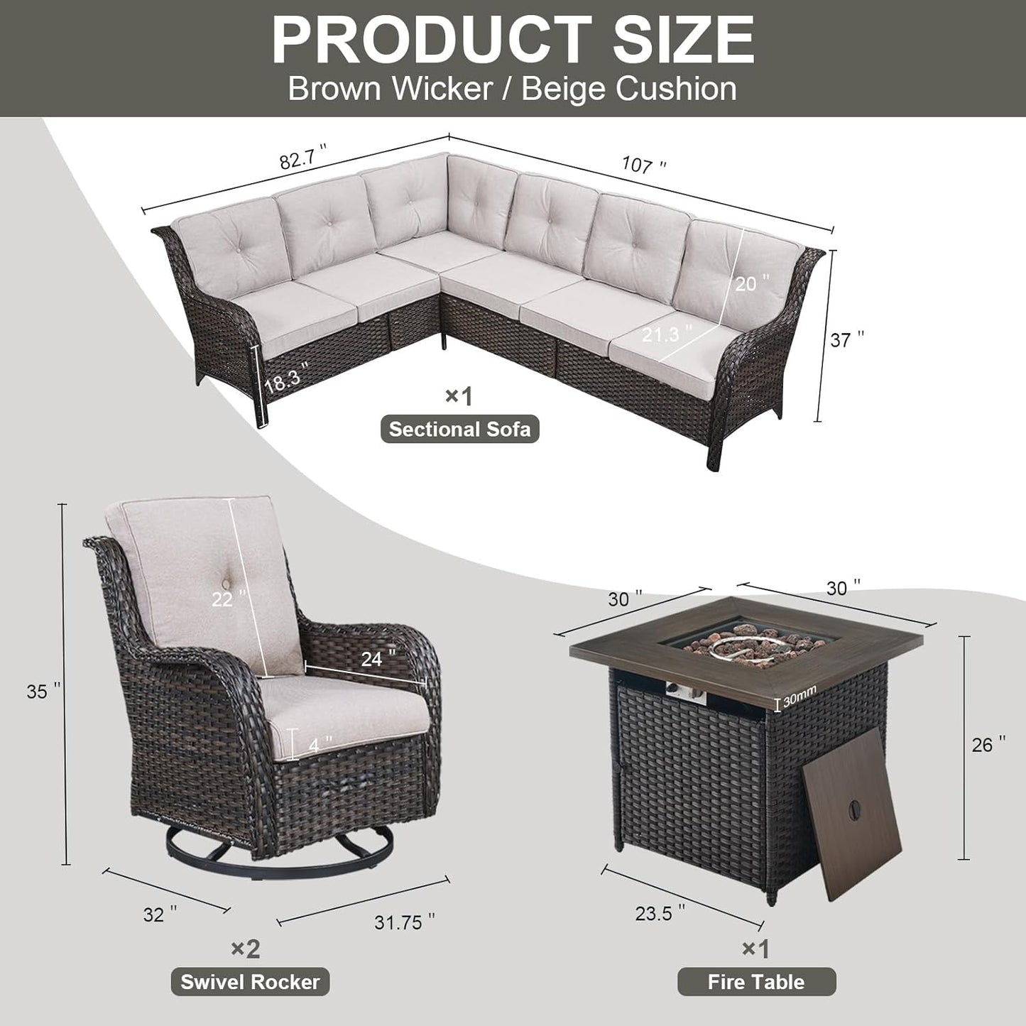 Outdoor Sectional Sofa Furniture Set with Propane Fire Pit Table, Wicker Patio Conversation Set with 2 Swivel Glider Rocker Chairs Beige Cushion Perfect for Backyard Casual Gathering