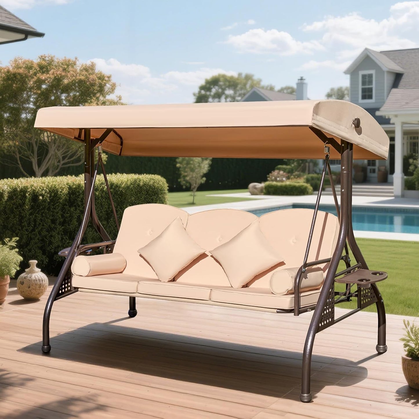 3-seat Patio Swing with Canopy,Convertible Outdoor Swing Bed with Thick Cushions, Pillows & Cup Holders, 3-Seat Outdoor Swings Chair for Backyard, Garden, Deck(Khaki)