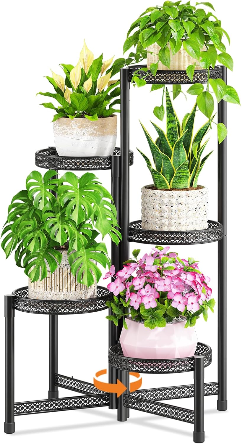LASZOLA 5 Tiered Folding Tall Plant Stand Indoor Outdoor for Large Planter, Heavy Duty Metal Adjustable Multiple Flower Rack for Corner, Wrought Iron High Spiral Holder for Modern House Patio, Black