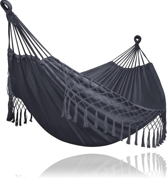 SUNCREAT Extra Large Double Hanging Hammock for Camping, Hammocks for Outside 2 Person Heavy Duty, Dark Gray with Tassels