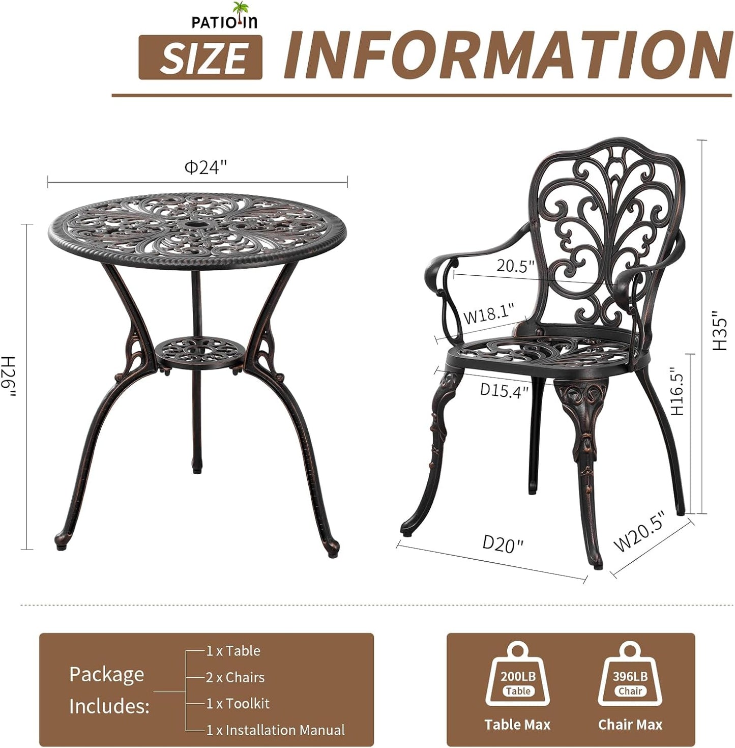 Outdoor Bistro Set 3 Piece, Patio Bistro Set, Cast Aluminum Bistro Set, Patio Table Set with 1.97" Umbrella Hole for Yard, Deck, Front Porch