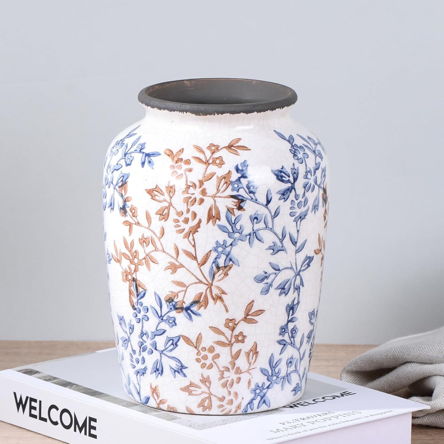 Vintage Vase for Flowers,Blue Chinoiserie Ceramic Vase,Rustic Farmhouse Cracked Vases,for Flower Arrangement,Living Room, Office, Shelf, Fireplace Tables,Centerpieces,Chinoiserie Pottery Decor(C)