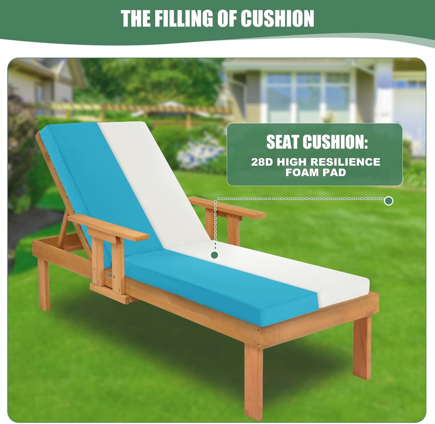 Chaise Lounge Cushions Outdoor Set of 2 - Waterproof and Fade Resistant Sun Lounger Replacement Cushions - Patio Lounger Pads with Removable Cover for Pool, Deck, Lawn, 80 x 26 x 3 Inch, Teal