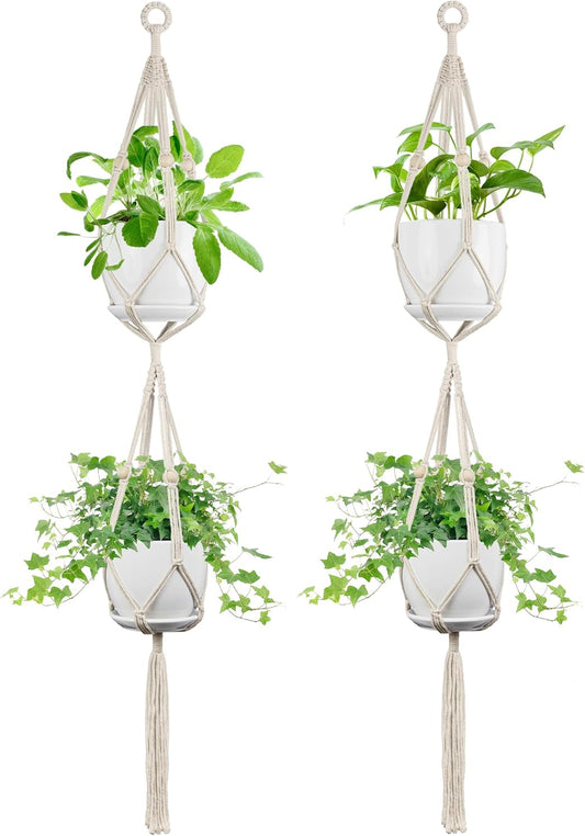 2 Pack Macrame Plant Hanger, 49 Inch, Fits 4-8 Inch Pots, 2 Tier Indoor Outdoor Hanging Planter Basket Flower Pot Holder, Boho Home Decor, Ivory (POTS NOT Included)