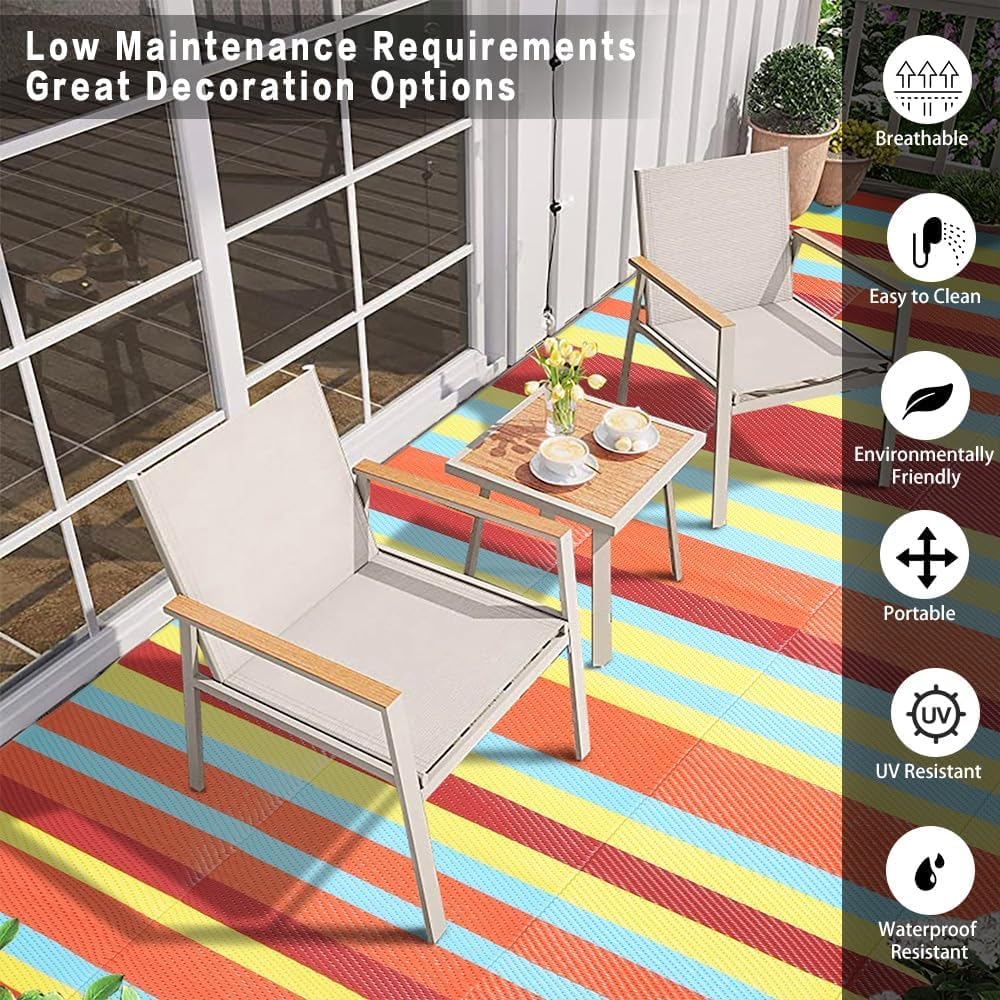 Outdoor Waterproof Rug 9'x12' Plastic Straw Rugs Washable Reversible Floor Mat Rainbow Stripe Carpet for Camping RV Deck Entryance Porch Picnic Balcony Beach Backyard