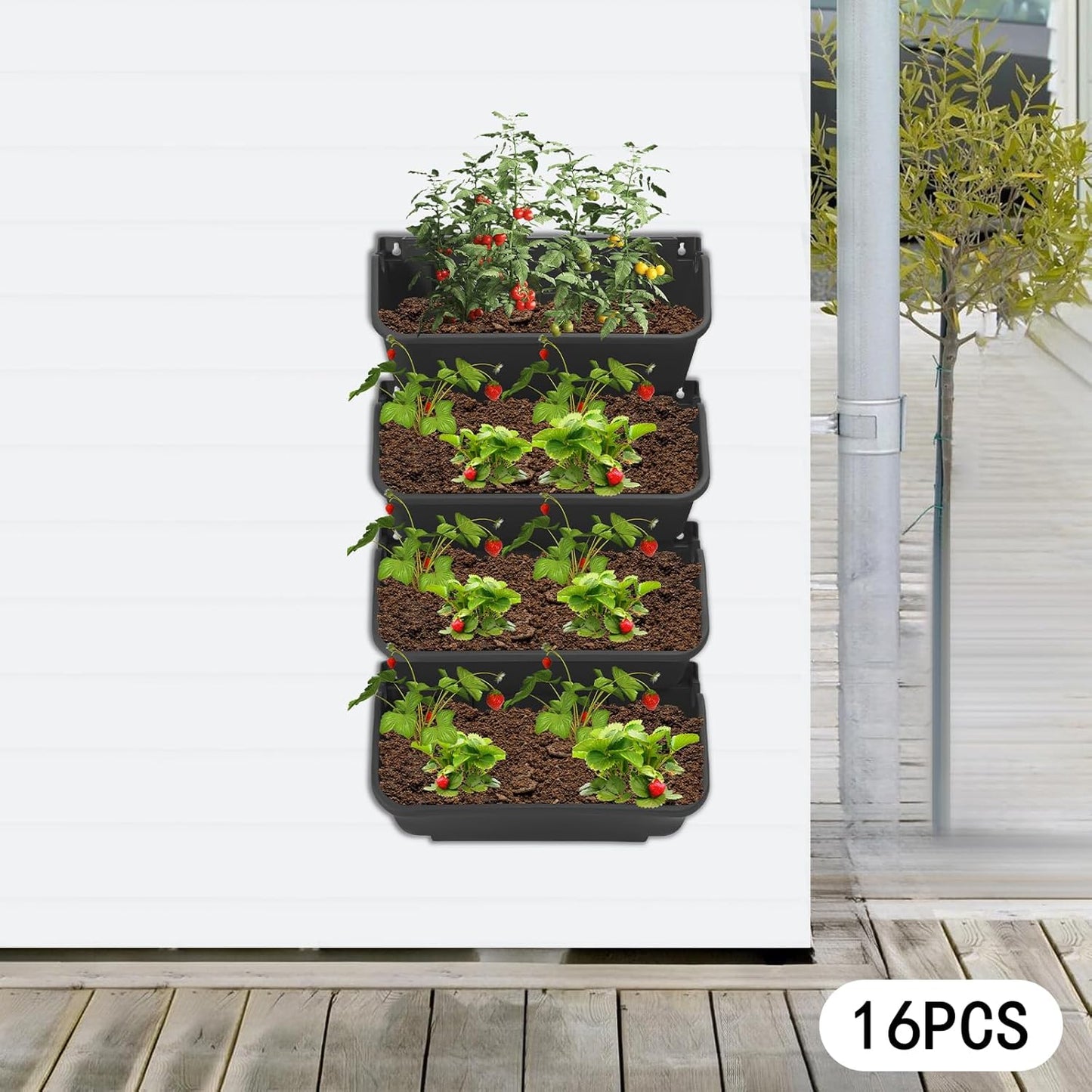 Eapmic Vertical Wall Planter with 16 Pots, Hanging Garden Plant Flowerpot Holder, Stackable Wall-Mounted Planter, Balcony Planters for Flowers Vegetables Fruits (Black, 16 Pots)