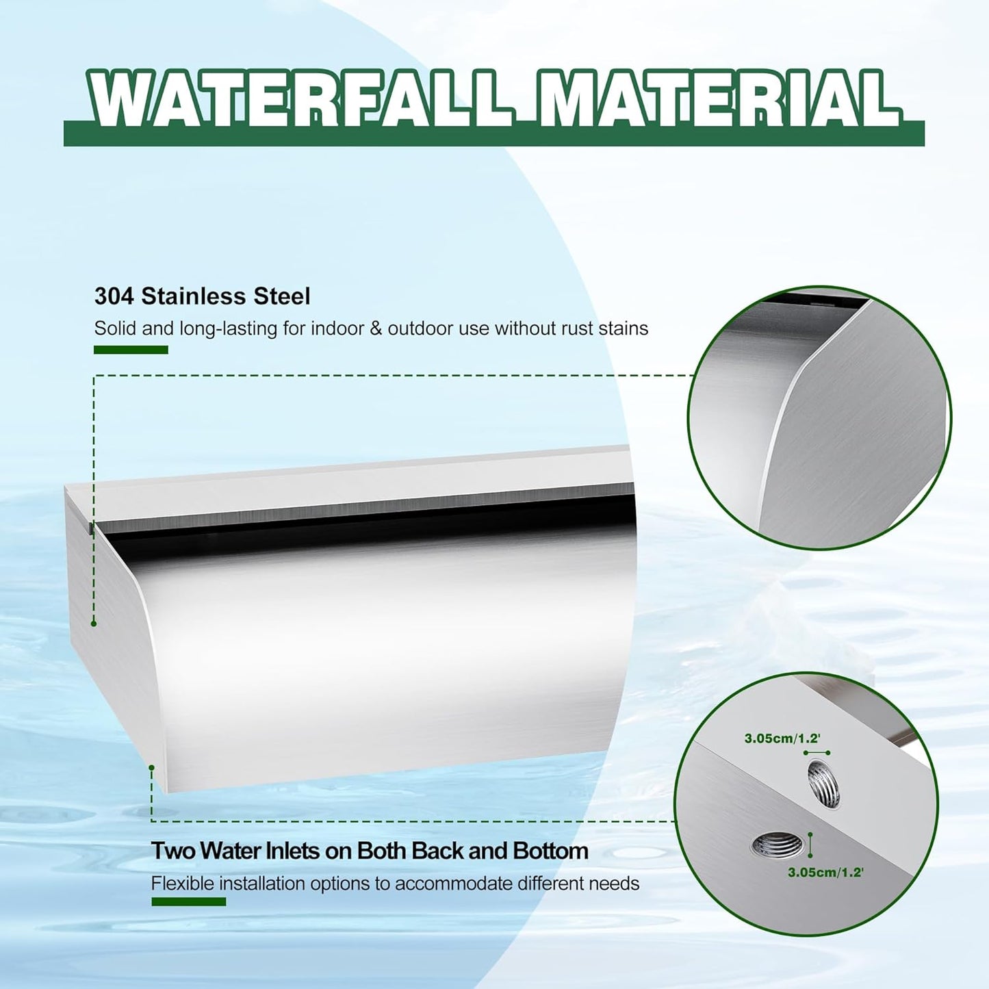 Pool Fountain Waterfall Spillway with Wider Water Flow Platform, Stainless Steel Waterfall with Pipe Connector Kits, Water Feature Spillway for Garden Decor, Patio, Ponds, 11.8"x11.8"x3.9