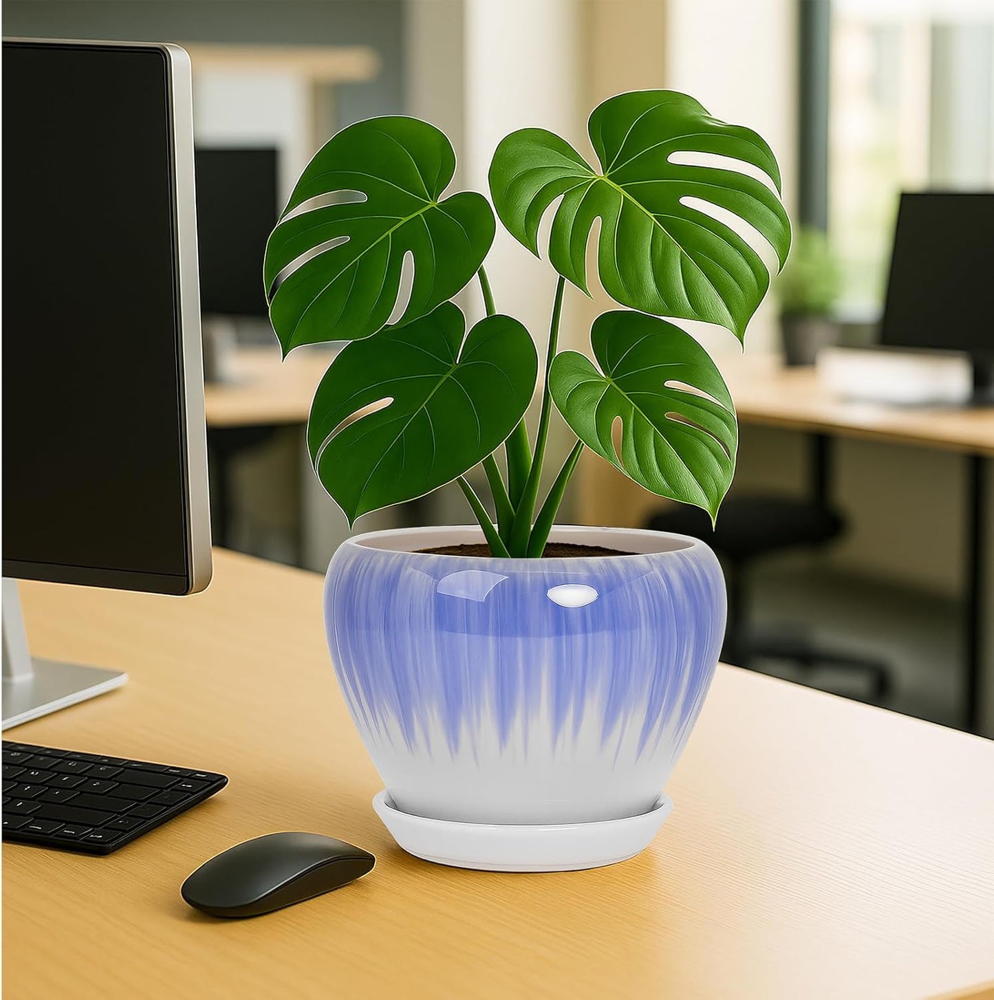 Deep Dream 8 Inch Plant Pots- Ceramic Pots for Plants with Drainage Hole and Saucer, Large Planter Pot for Indoor Plants Outdoor Decor, White&Blue