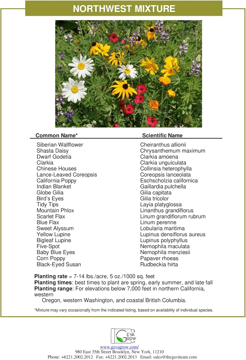 Geva Grow Northwest Wildflower Seeds Regional Mix - Organic, Non-GMO - 100% Pure Seed - 20 Different Wildflowers Seeds of Annual and Perennial, 1 LB Tub