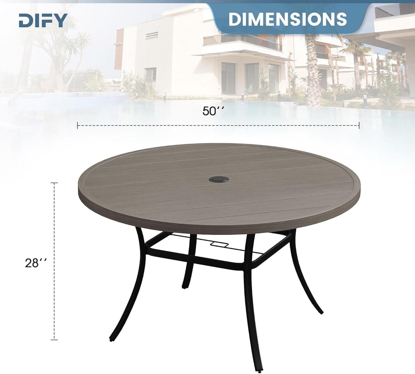 DIFY 50" Round Outdoor Patio Dining Table for 6, Metal Patio Table with 1.57" Adjustable Umbrella Hole, All-Weather Dining Furniture Table for Backyard Lawn Garden, Grey Wood-Like
