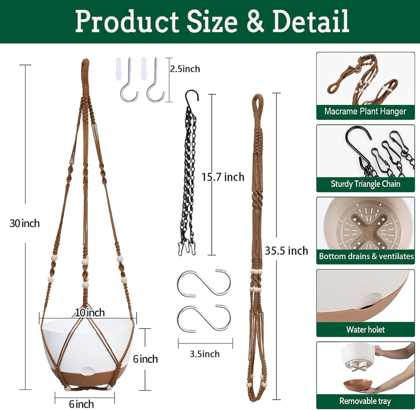 2 Pack Hanging Planters Set,10 Inch Indoor Outdoor Hanging Plant Pot Basket,Hanging Flower Pot with Drainage Hole with 3 Hooks for Garden Home(Caramel Hanger White Planters)